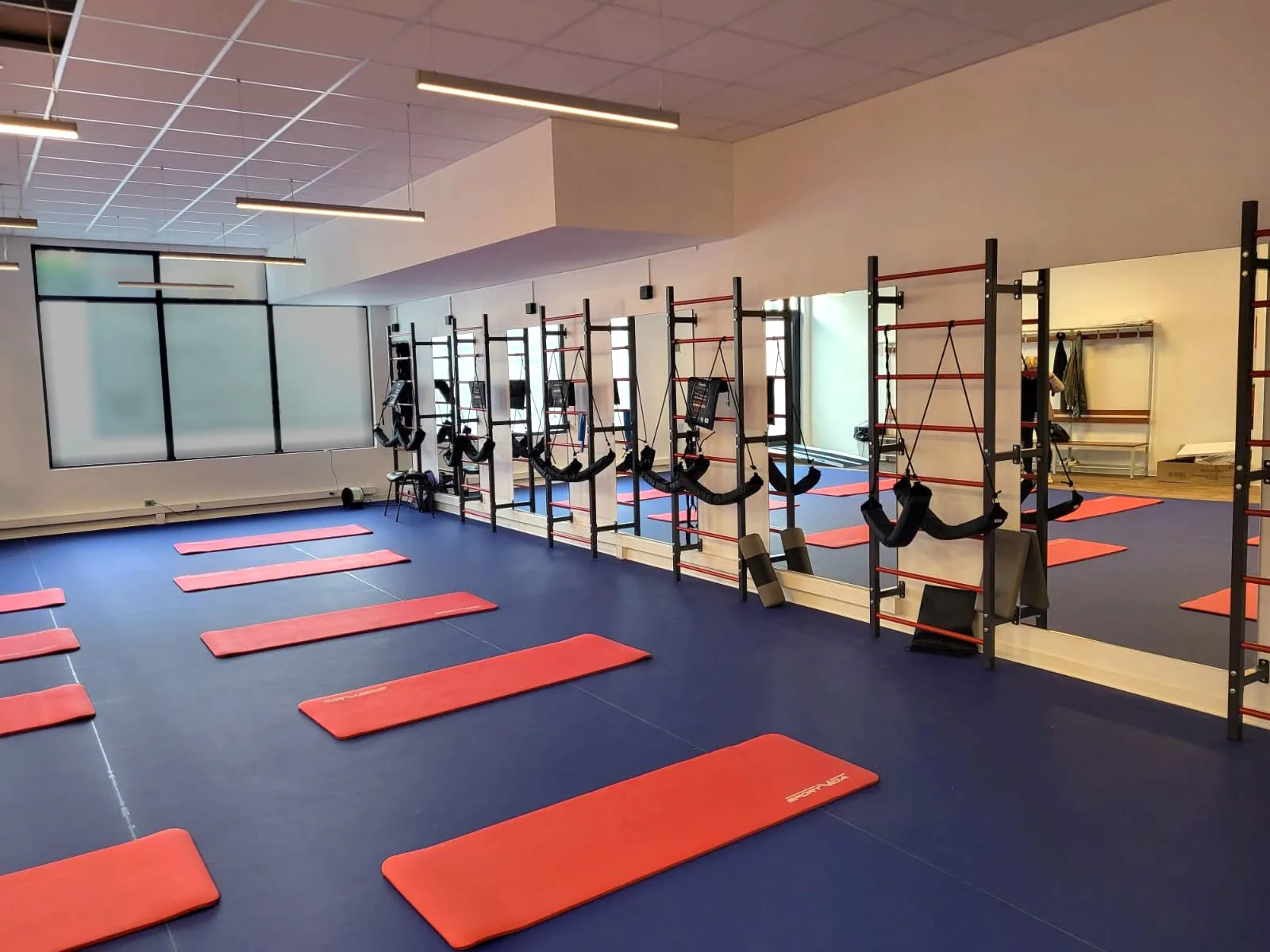 Studio de cours collectifs — tapis, espaliers et sangles de suspension